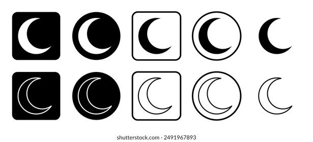 Icon set of moon symbol. Filled, outline, black and white icons set, flat style.  Vector illustration on white background