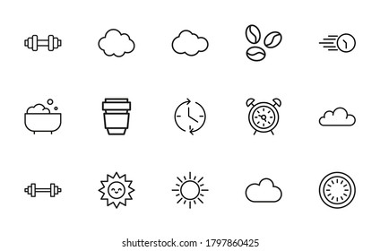 Juego de iconos de la mañana. Pictogramas vectoriales editables aislados en un fondo blanco. Símbolos de diseño para aplicaciones móviles y diseño de sitios web. Paquete premium de iconos en estilo de línea de moda.