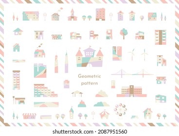 icon set of mosaic patterned buildings and houses