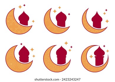 icon set of mosque dome ornaments, moon and stars. vector isolated on white background. Islamic decorative design for posters, greeting cards, banners, web, social media.