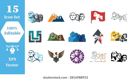 Icon set of mount rushmore national memorial with rushmore mountain monument
