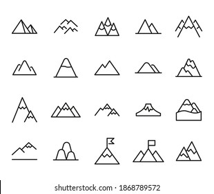 Icon set of mountain. Editable vector pictograms isolated on a white background. Trendy outline symbols for mobile apps and website design. Premium pack of icons in trendy line style.