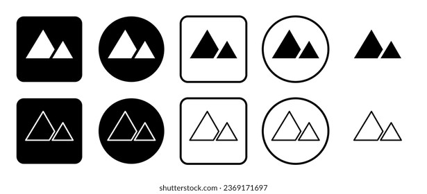 Icon set of mountains symbol. Filled, outline, black and white icons set, flat style.  Vector illustration on white background