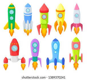 Icon set of multicolored children s rockets. Vector illustration.