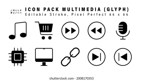 Icon Set of Multimedia Glyph Icons. Contains such Icons as  Mic, Processor, Monitor, Link etc. Editable Stroke. 64 x 64 Pixel Perfect