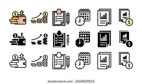 icon set with multiple style budgeting, reporting, calendar, revenue, statement, tax, accounting, audit