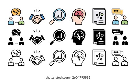 icon set with multiple style business plan with an icon of meeting, collaboration, analysis, brainstorming, plan, communication, and summary