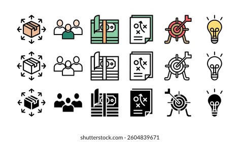 icon set with multiple style innovation, idea, goal, business plan, money, team, and scalability,