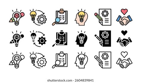 icon set with multiple style inspiration, empathy, ideation, implementation, prototyping, and testing

