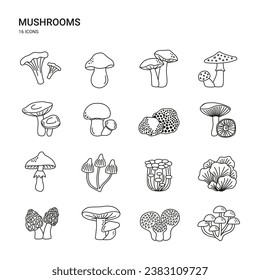 Icon set with mushrooms. Edible and poisonous fungus. Chanterelle, porcini, truffles, shiitake, and others. Simple vector line illustrations.