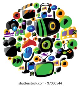 Icon set for music and entertainment arranged in circle shape. Vector illustration.