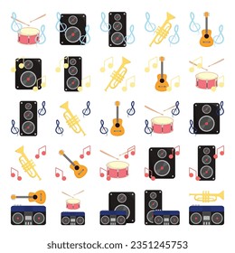 Icon set of music instrument, musical and recreation concept. Eps 10 Vector.