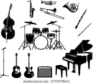 The icon set of musical instruments used in jazz