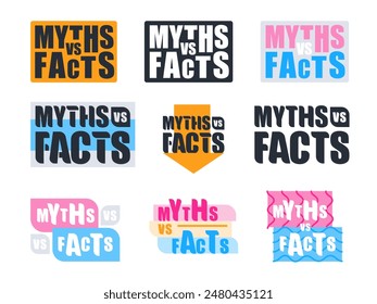 Icon set myths and facts, fiction and reality fake news, pop-ups, truth and lies in cute cartoon style.