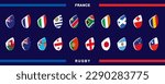 Icon set with the national teams flag for the 2023 rugby competition. Each participants world championship icon. Vector collection.