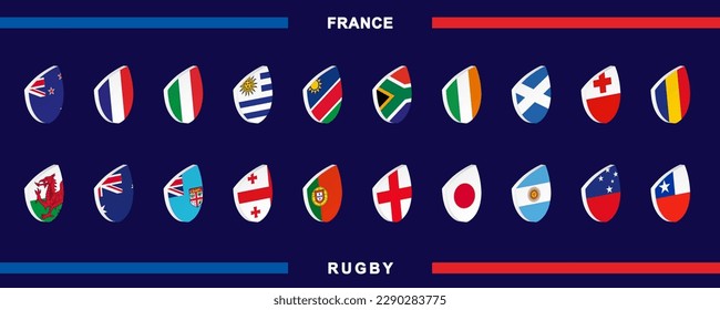 Icono puesto con la bandera de las selecciones nacionales para la competencia de rugby 2023. Icono del campeonato mundial de cada participante. Colección de vectores.