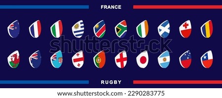 Icon set with the national teams flag for the 2023 rugby competition. Each participants world championship icon. Vector collection.