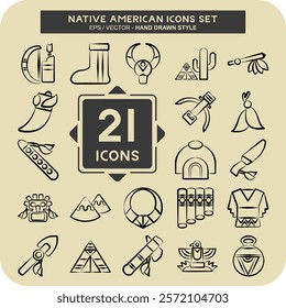 Icon Set Native American. related to Education symbol. hand drawn style. editable