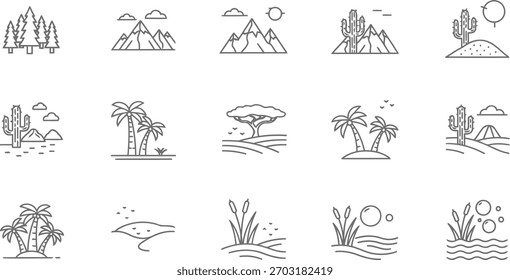Conjunto de iconos de entornos naturales aislados sobre fondo transparente