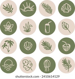 icon set of nature, beaches, vacation, ecology, green and beige pastel color icons.