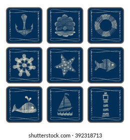 Icon set with a nautical theme: anchor, shell with pearl, lifebuoy, ship, starfish, fish, whale, ship, lighthouse