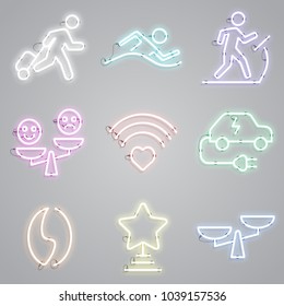 Icon set of neon lamps with public places signs. Advertisement, urban services, nightlife. Urban life concept. Can be used for signboards, posters, web design