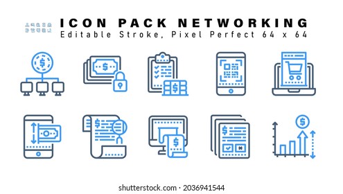 Conjunto de iconos de red de dos iconos de color. Contiene iconos tales como compras, teléfono, crédito, factura en línea, etc. Editable Stroke. 64 x 64 Pixel Perfecto