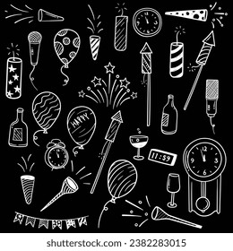 Icon set of new year celebration in hand drawn design for happy new year template design