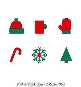 Icon set. New Year theme. A selection of six elements. Red and green.
