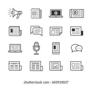 Icon Set For News Agency And Online Publish Media Websites. Newspaper And Modern Devices And Technology. Vector Illustration.