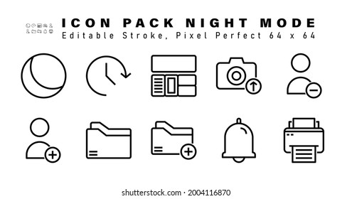 Icon Set of Night Mode Line Icons. Contains such Icons as Remove User, Add User, Folder, New Folder etc. Editable Stroke. 64 x 64 Pixel Perfect