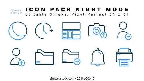 Icon Set of Night Mode Two Color Icons. Contains such Icons as Remove User, Add User, Folder, New Folder etc. Editable Stroke. 64 x 64 Pixel Perfect