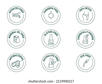 conjunto de iconos libres de nitrato, sls sds, sin parabeno, 100% detox, aceite mineral, químicamente probado, antibacteriano, libre de ftalato, sin tinte icono ilustración vectorial 