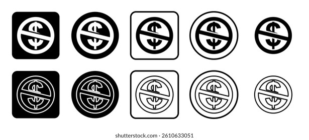Icon set of no dollar symbol. Filled, outline, black and white icons set, flat style.  Vector illustration on white background