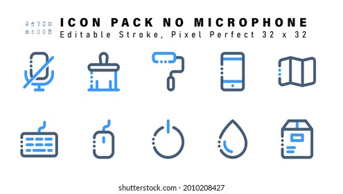 Icon Set of No Microphone Two Color Icons. Contains such Icons as Map, Keyboard, Mouse, Power etc. Editable Stroke. 32 x 32 Pixel Perfect