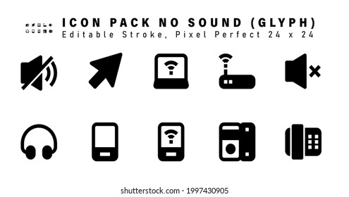 Icon Set of No Sound Glyph Icons. Contains such Icons as Speaker Error, Music, Mobile Phone, Handphone Wifi etc. Editable Stroke. 24 x 24 Pixel Perfect