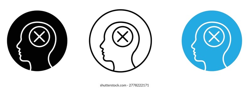 Icon set of no thinking head in black, white and blue for business or medical use
