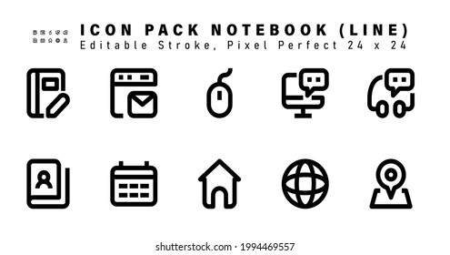 Symbol Set von Notebook-Line-Symbole. Enthält Symbole wie Chat, Kontaktbuch, Kalender, Home usw. Editable Stroke. 48 x 48 Pixel perfekt