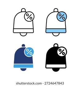 Symbol-Set Benachrichtigung Rabatt Glocke, Shopping Promo Verkauf. Symbolzeile, Glyphe und flach mit blauer Farbe, einzeln auf weißem Hintergrund.