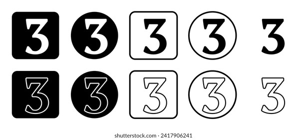 Icon set of number three symbol. Filled, outline, black and white icons set, flat style.  Vector illustration on white background