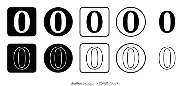 Icon set of number zero symbol. Filled, outline, black and white icons set, flat style.  Vector illustration on white background