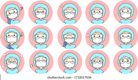 An icon set of nurses in protective clothing