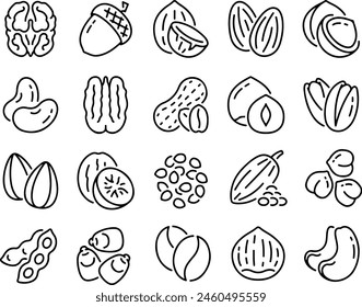 Conjunto de iconos de nueces, cacahuetes, avellanas, nueces, anacardos, pistachos, almendras, alimentos. Iconos de línea fina Ilustraciones vectoriales planas aisladas sobre fondo blanco y transparente	
