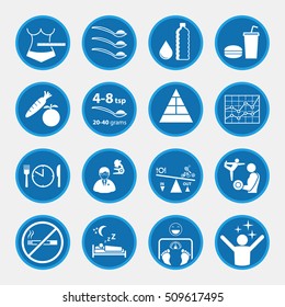 icon set of obesity and health concept, blue circle buttons
