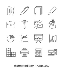 Icon Set for office activity, contain stationery, briefcase, diagram, printer, computer, pen, calculator. Editable Stroke Vector