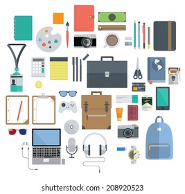 Icon Set of Office Equipment, Travel Gadget and Hobby in Flat Design, Vector