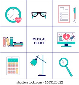 Symbol für ein Büro in einem medizinischen Büro oder einer Apotheke. Gegenstände auf dem Tisch des Arztes, Krankenversicherung oder Behandlung.