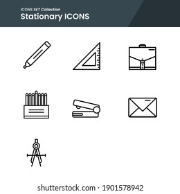 icon set of office stationary bag, pencil marker, staples and many more. with line style vector. suitable use for web app and pattern design.