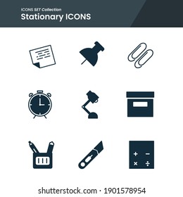 icon set of office stationary note, clip, pen calculator and many more. with solid style vector. suitable use for web app and pattern design.