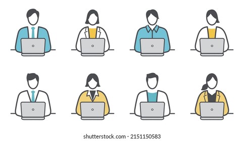 Icon set of office workers doing desk work on a laptop